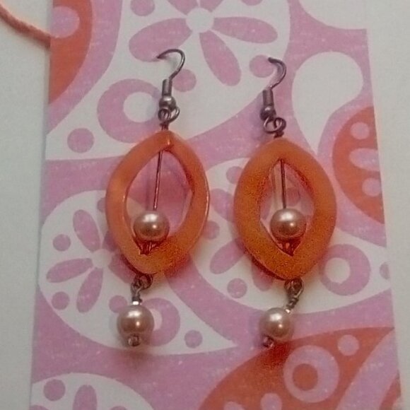 Orange Dangle Earrings Long Boho Style Acrylic with Faux Pearls Shepherd's Hook - Picture 1 of 2